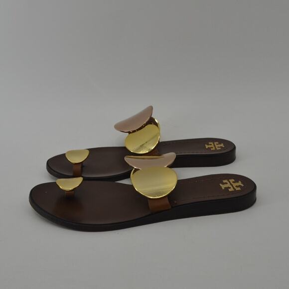 Tory Burch Brown Gold Sandals Circle Plates Size 8 - Picture 13 of 13